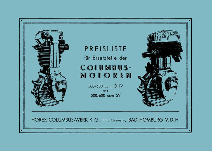 Columbus Motoren 500 und 600 ccm OHV und S Ersatzteilkatalog, Titelseite