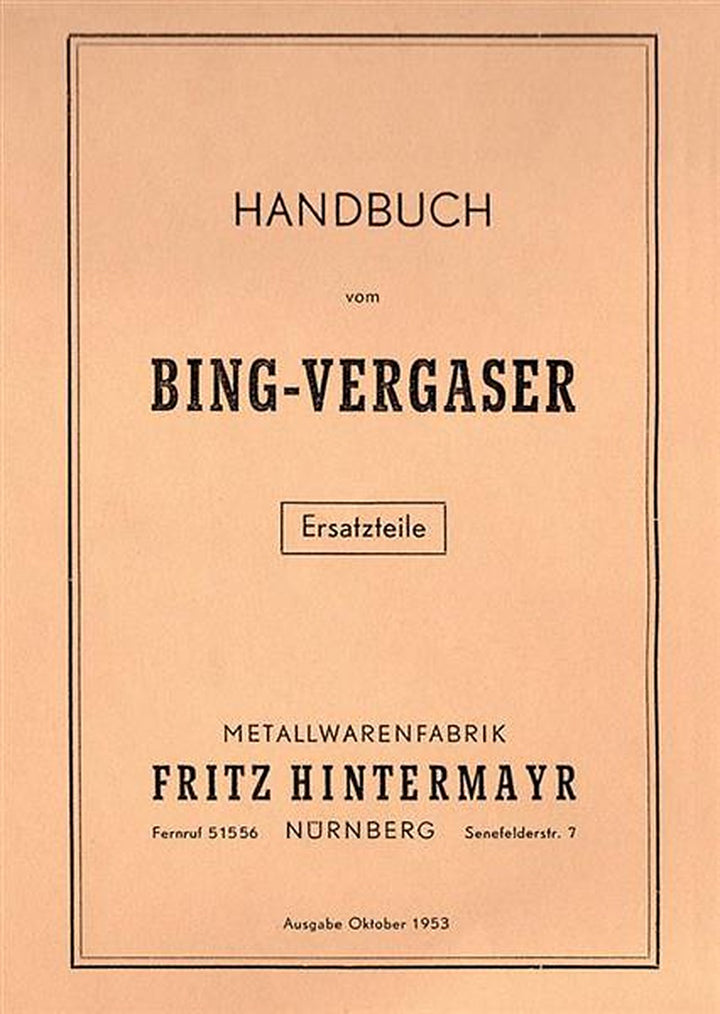 Bing Vergaser 1953 Bedienungsanleitung und Ersatzteilliste, Titelseite