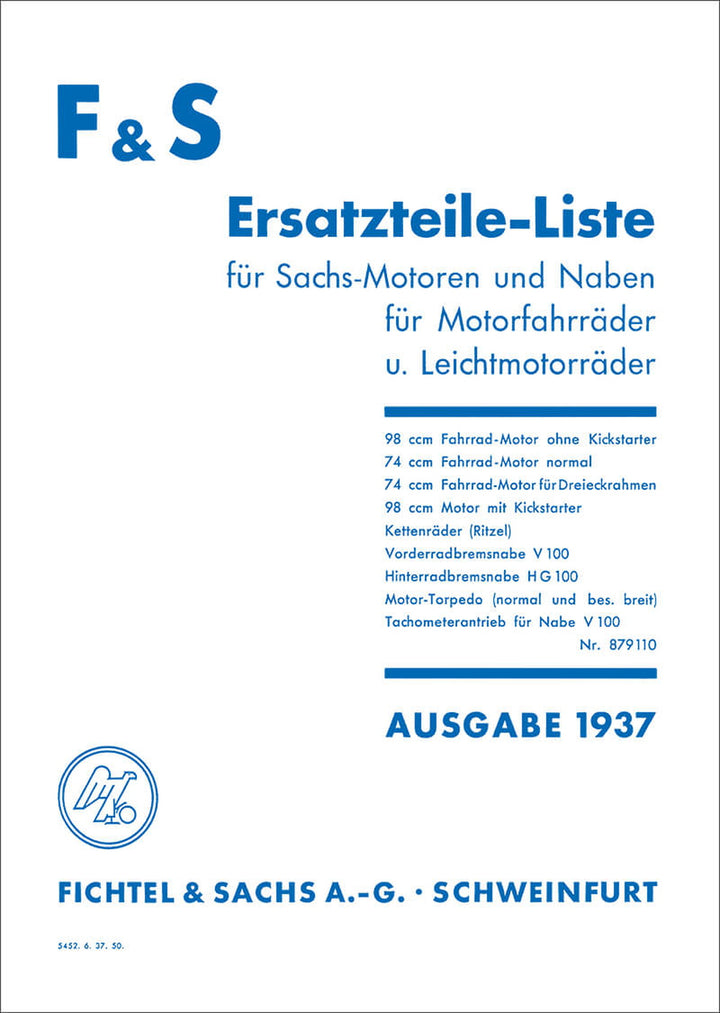 Sachs 74 und 78 Fahrradmotoren 1937 Ersatzteilkatalog, Titelseite