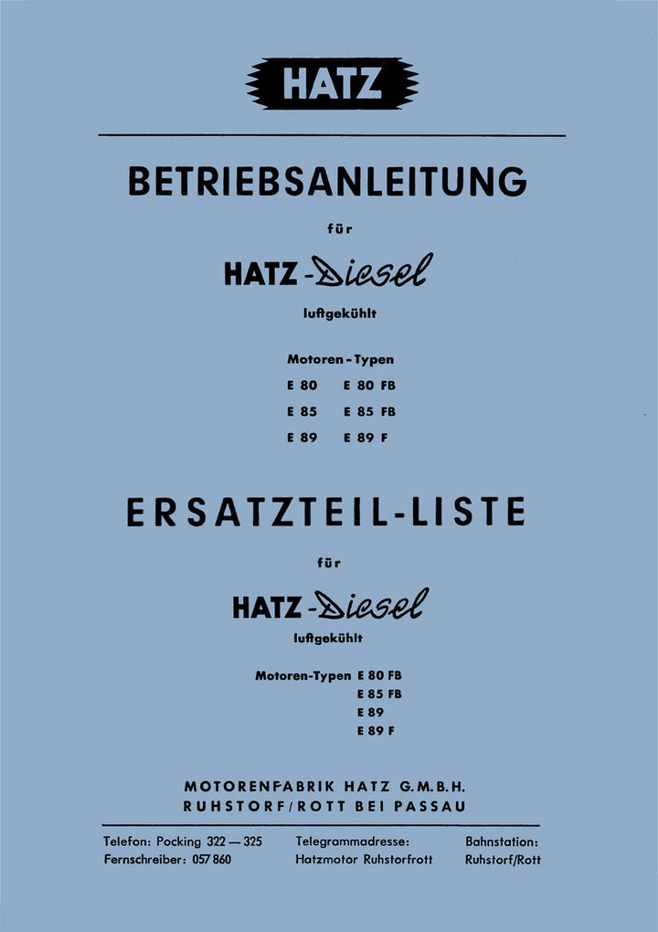 Hatz E80 E80FB E85 E85FB E89 E89F Motoren Betriebsanleitung, Titelseite