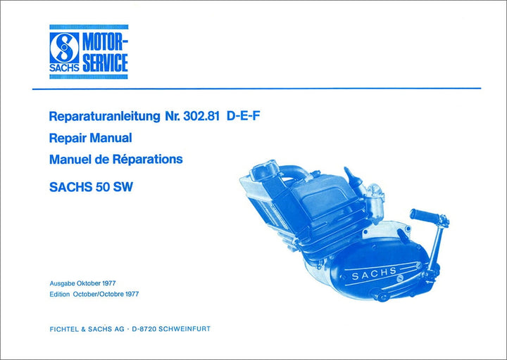 Sachs 50 SW, 5-Gang-Motor mit 6,25 PS, wassergekühlt, Reparaturanleitung, Titelseite