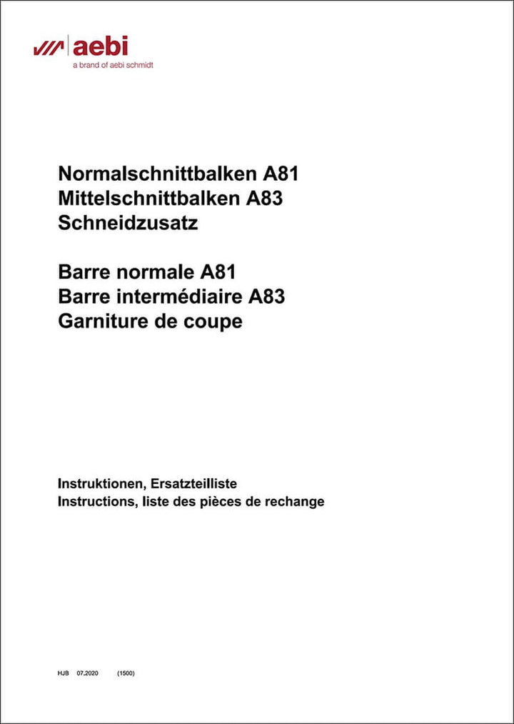 Aebi A81 und A83 Schnittbalken Betriebsanleitung und Ersatzteilliste, Buchcover