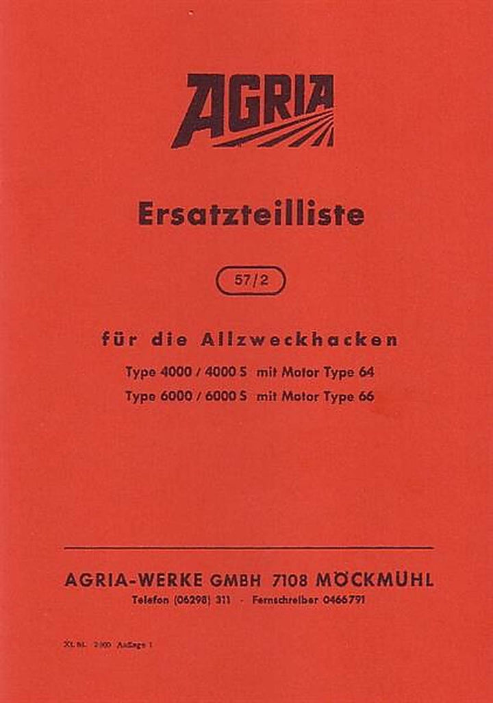 Agria 4000 4000S 6000 6000S Ersatzteilliste, Buchcover