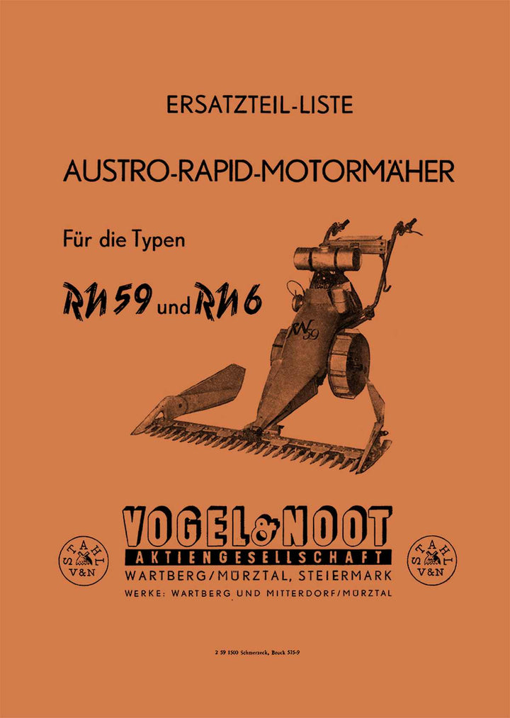 Vogel & Noot Austro Rapid Motormäher und Bodenfräse RN 59 und RN 6 Ersatzteilkatalog, Buchcover