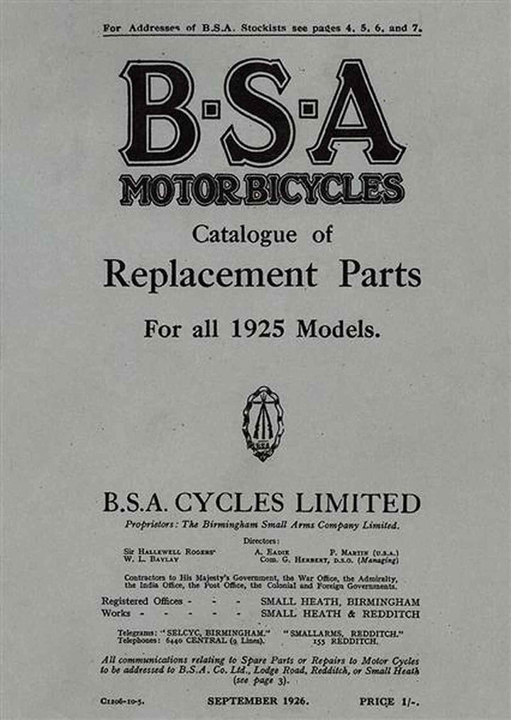 BSA 1925 Models Spare Parts, Buchcover