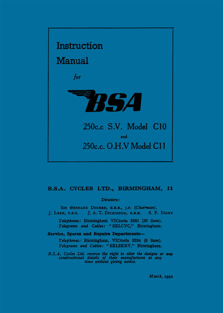 BSA C10 & C11 Instruction Manual, Buchcover