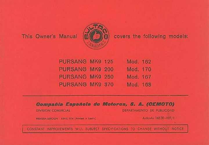 Bultaco Pursang MK 9, 125, 200, 250, 370 ccm, Mod. 162, 170, 167, 168 Betriebsanleitung, Buchcover
