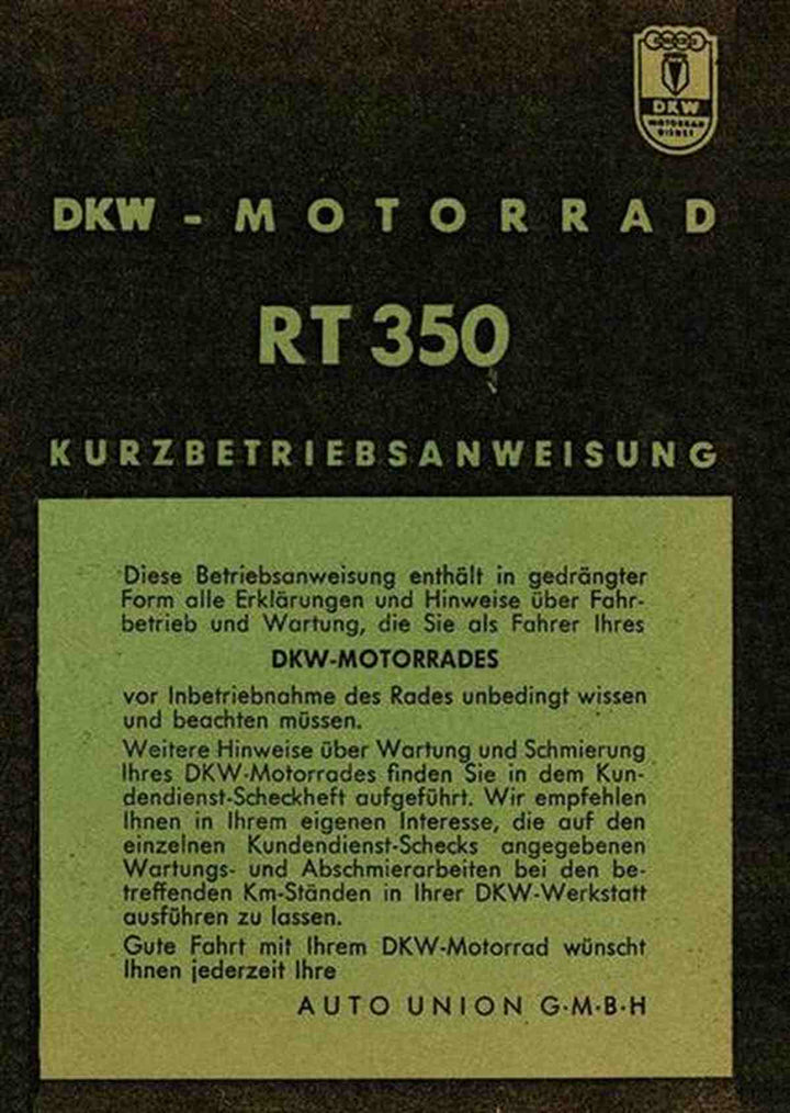 DKW RT350 und RT350S Kurz-Betriebsanleitung, Buchcover