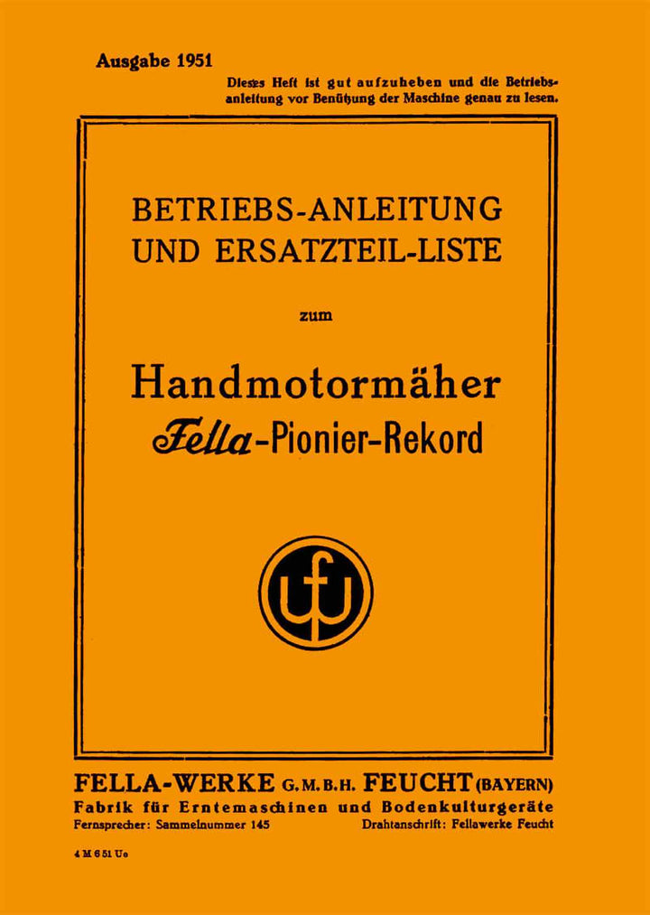 Fella Pionier-Rekord Handmotormäher (Balkenmäher) Betriebsanleitung und Ersatzteilkatalog, Buchcover