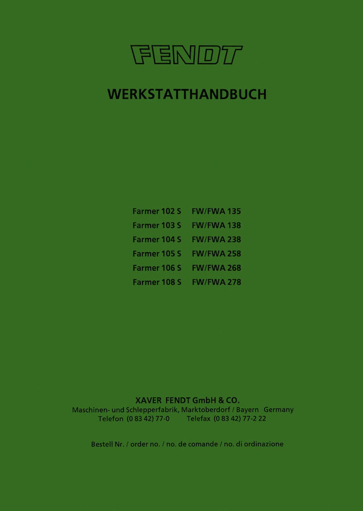 Fendt Farmer 102S 103S 104S 105S 106S 108S Werkstatthandbuch, Buchcover