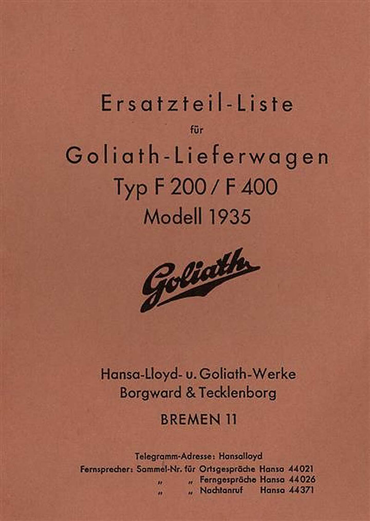Goliath F 200 und 400 aus 1935 Ersatzteilkatalog, Buchcover