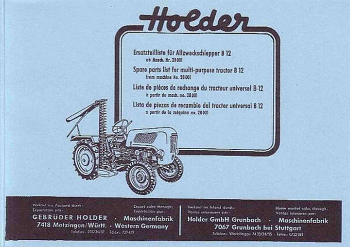Holder B 12 Allzweckschlepper mit Fichtel und Sachs Dieselmotor 600 L, Ersatzteilkatalog, Buchcover