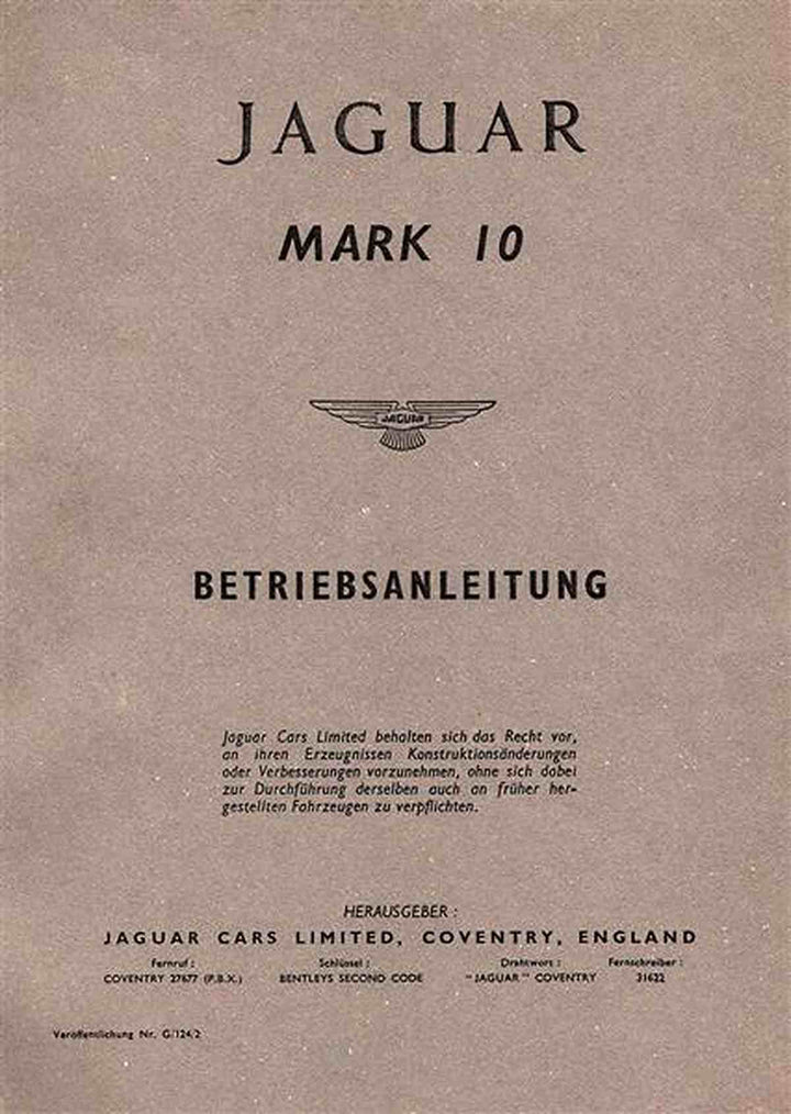 Jaguar Mark 10 Betriebsanleitung, Buchcover