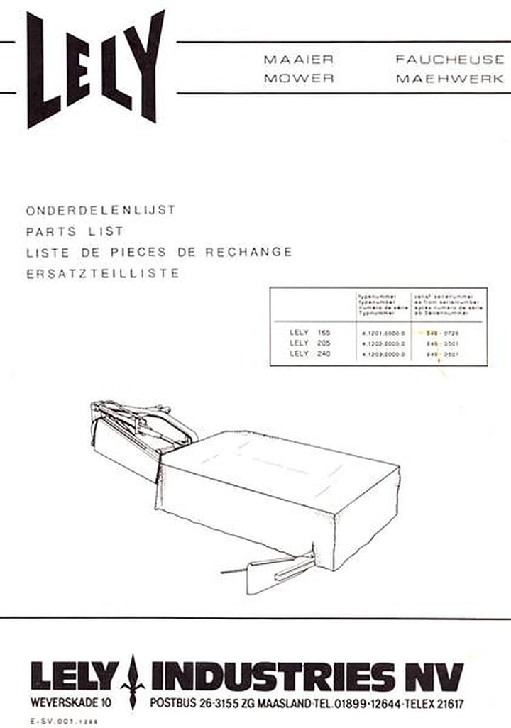 Lely Mähwerk 165, 205, 240, Ersatzteilliste, Buchcover