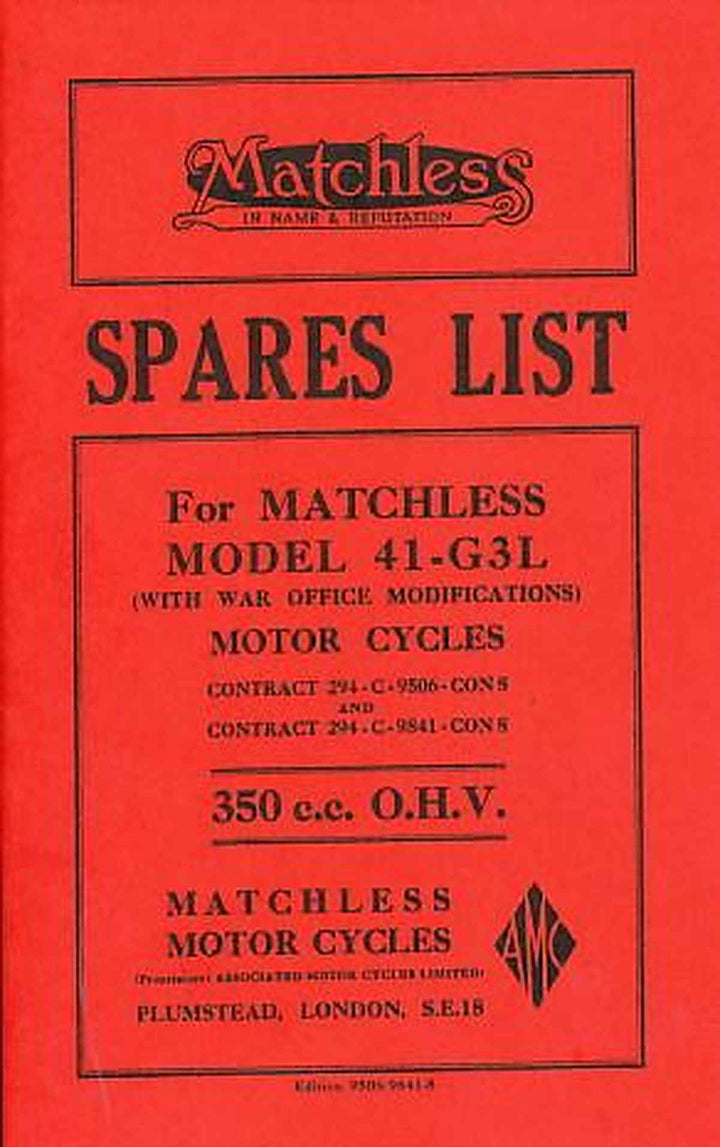 Matchless 41-G 3 L, Ersatzteilkatalog ( mit Anhang für Militärmaschinen 1944), Buchcover