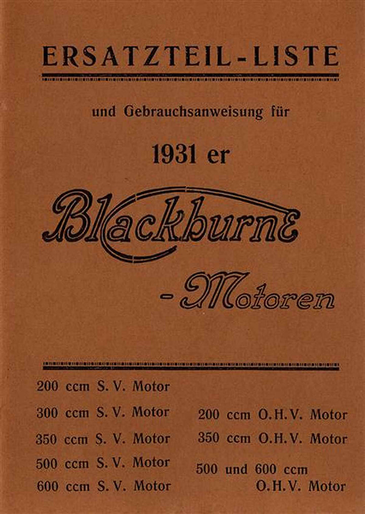 Blackburne Modelle 1931 Betriebsanleitung und Ersatzteilkatalog, Buchcover