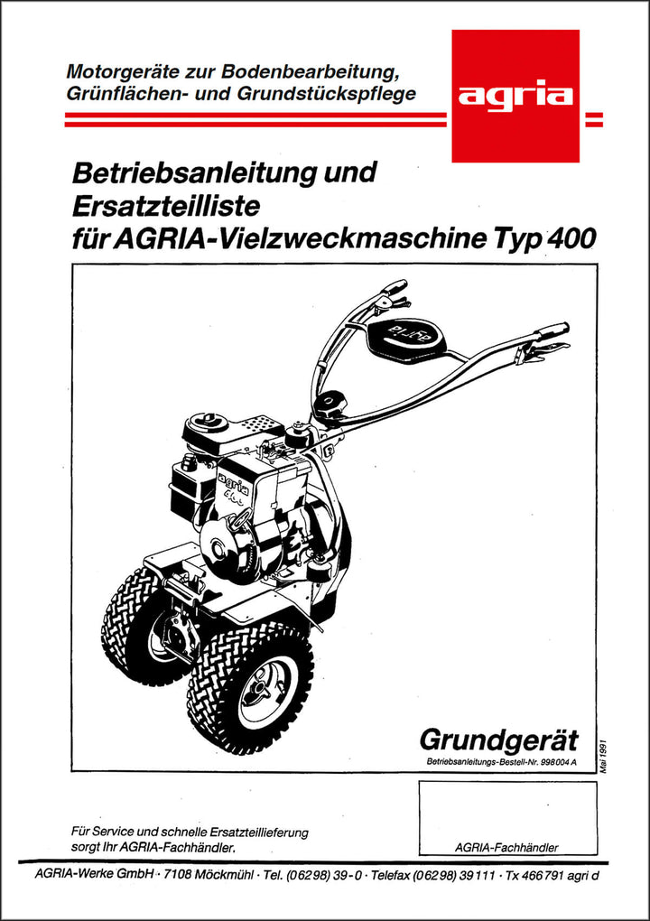 Agria 400 Betriebsanleitung und Ersatzteilliste, Buchcover