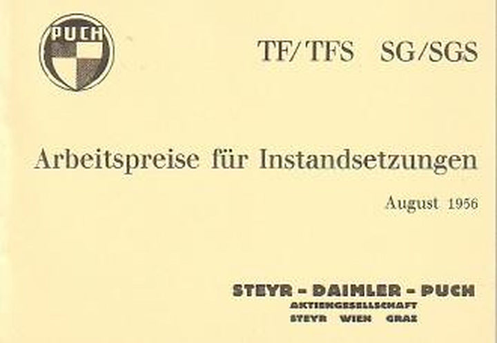 Puch 250 TF/TFS und Puch 250 SG/SGS – Arbeitspreise für Instandsetzungen, Buchcover