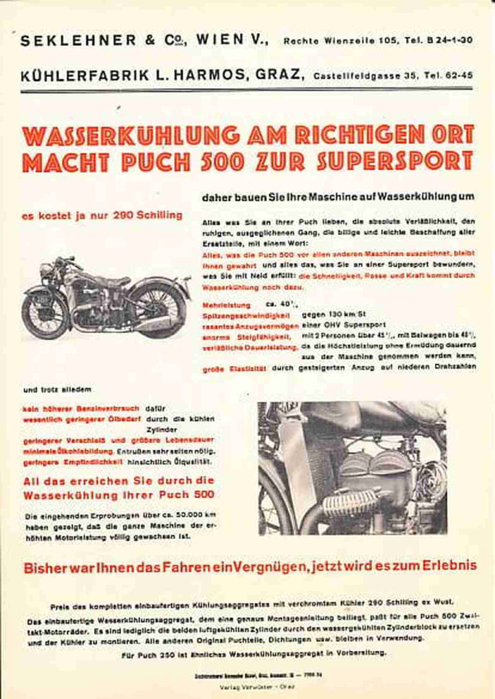 Puch 500, Prospektreprint von 1934 Zweizylinder-Zweitakt mit Harmos-Wasserkühlung, Prospekt-Reprint, Buchcover