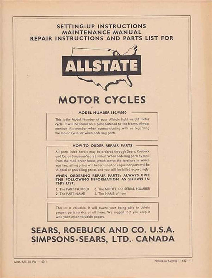 Puch Allstate Moped (USA) MS 50 VA, model number 810.94050 maintenance, repair instructions and spare-parts-list, Buchcover