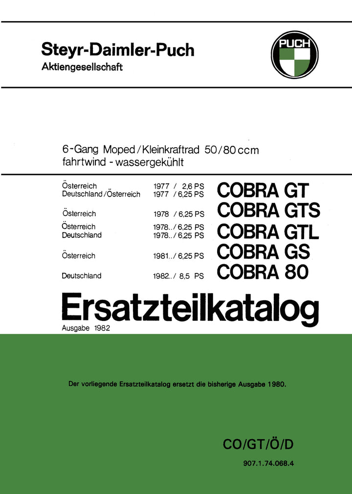 Puch Cobra GT, GTS, GTL, GS, Cobra 80, Deutschland/Österreich Ersatzteilkatalog, Buchcover
