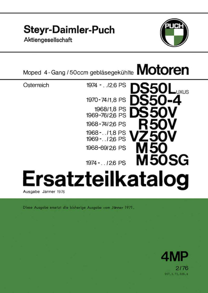 Puch DS 50 L, DS 50-4, V, R 50 V, VZ 50 V, M 50, M 50 SG, 4-Gang-Motor gebläsegekühlt, ab Baujahr 1968, Ersatzteilkatalog, Buchcover