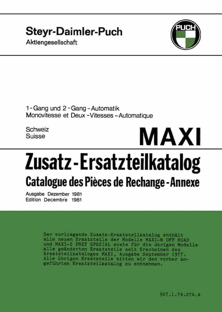 Puch Maxi N off Road, Maxi S (Frey Spezial) 1- und 2-Gang-Automatik. Ausführung für die Schweiz, Zusatz-Ersatzteilkatalog, Buchcover
