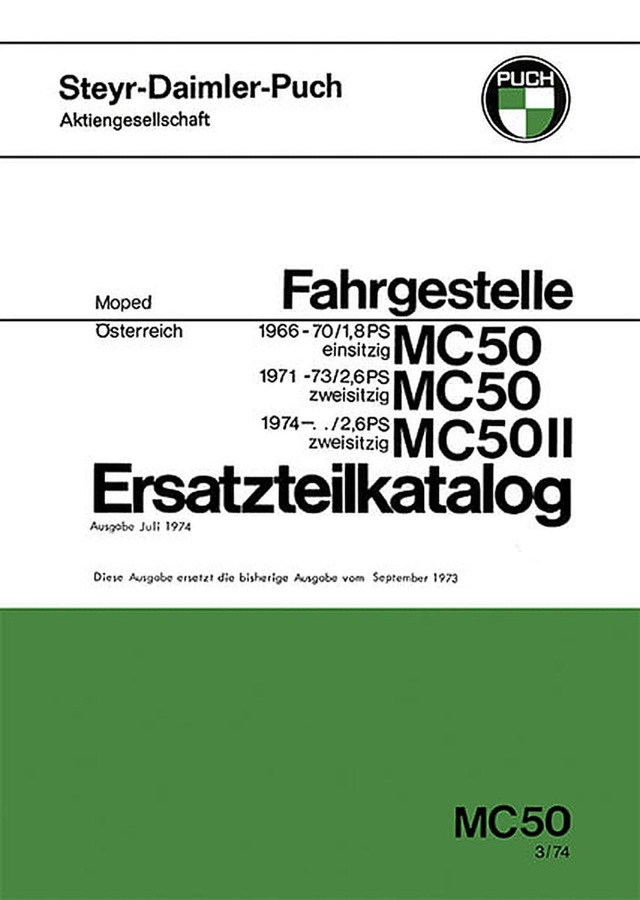 Puch MC 50 und MC 50 II, Fahrgestell, ab 1966, Ausgabe 1974 Ersatzteilkatalog, Buchcover