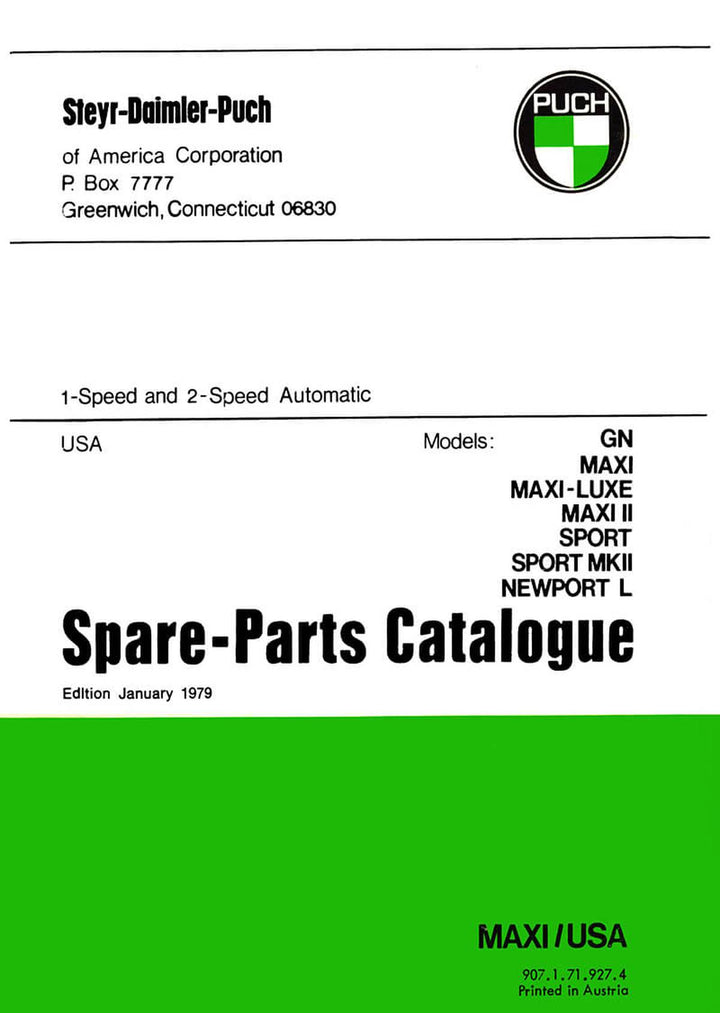 Puch Moped GN, Maxi, Maxi-Luxe, Maxi II, Sport, Sport MK II, Newport L, (USA), spare-parts-catalogue, Buchcover