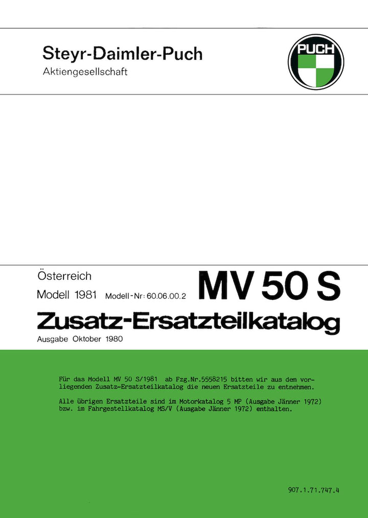 Puch MV 50 S – Zusatz-Ersatzteilkatalog, Buchcover