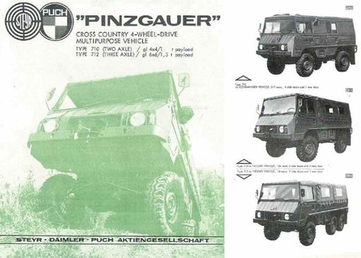 Puch Pinzgauer 710 und 712, Prospekt-Reprint, 2-färbig, fünf verschiedene Ausführungen, technische Daten, Buchcover