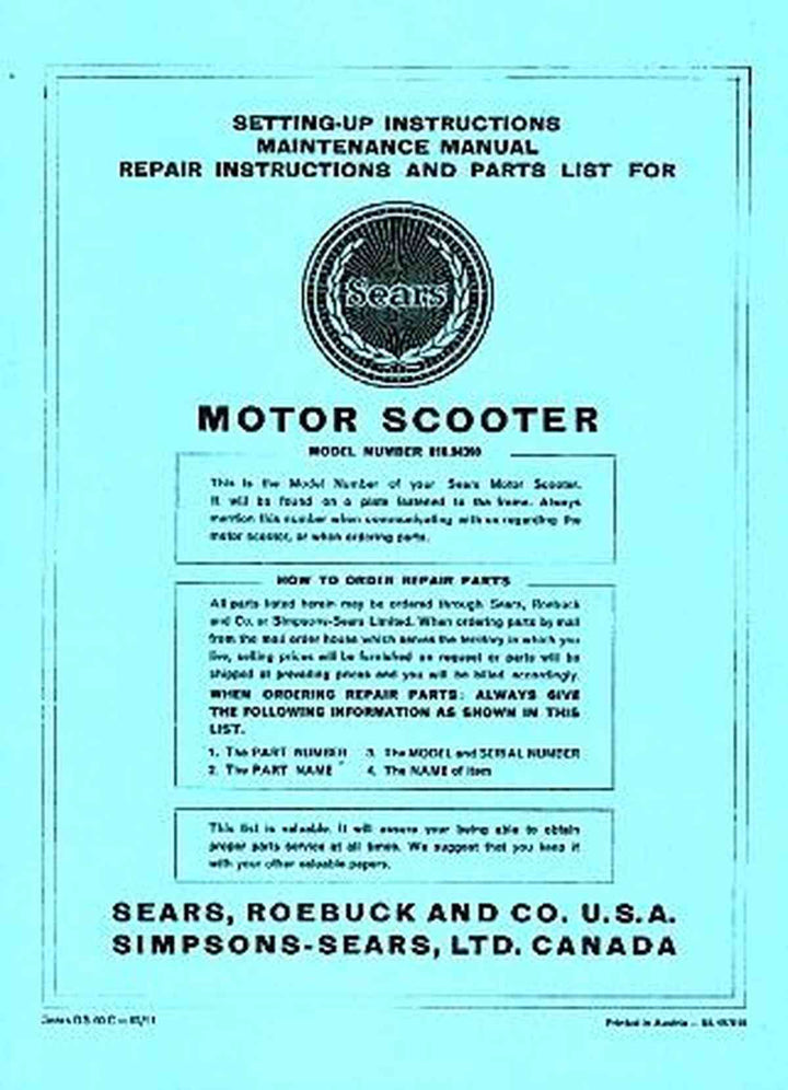 Allstate Sears Motor Scooter - Maintenance, Repair Instructions and Parts List, Buchcover