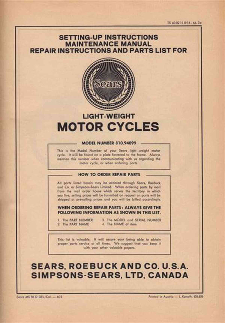 Allstate Sears Light-weight Motorcycle - Maintenance, Repair Instructions and Parts List, Buchcover