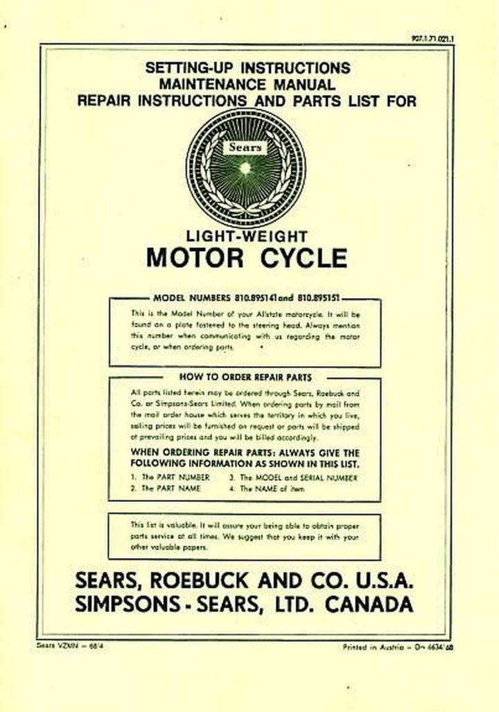 Allstate Sears Light-weight Motorcycle - Maintenance, Repair Instructions and Parts List, Buchcover