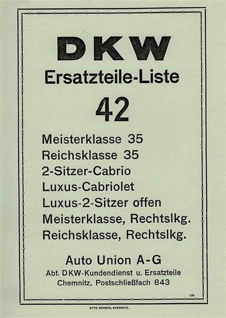 DKW Reichsklasse 35 & Meisterklasse 35 Ersatzteilkatalog, Buchcover
