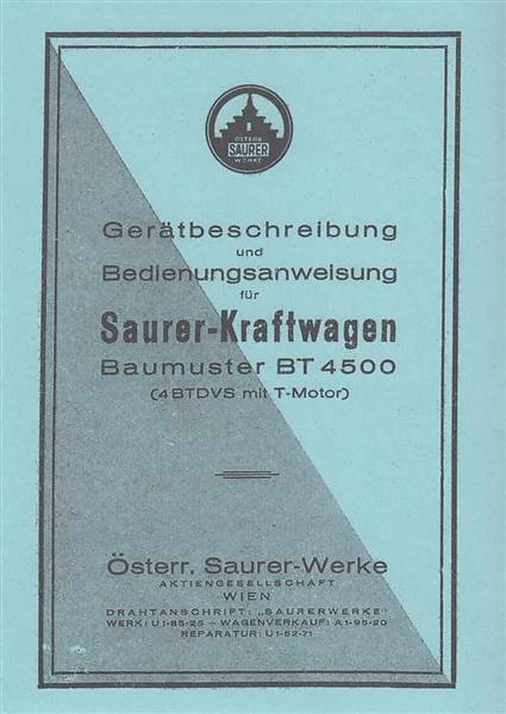 Saurer Kraftwagen, BT 4500, 4BTDVS mit T-Motor, Bedienungsanweisung, Buchcover