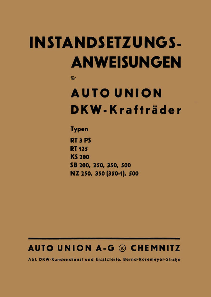 DKW SB200 SB250 SB350 SB500 RT125 KS200 NZ250 NZ350 NZ500 Reparaturanleitung, Buchcover