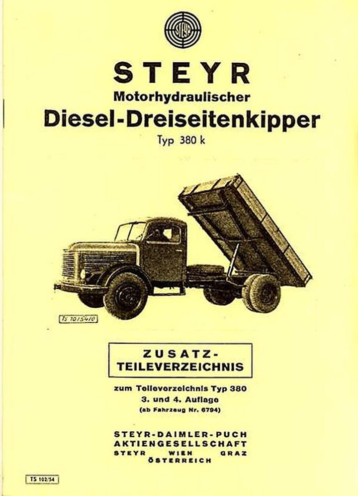 Steyr 380 k Diesel Dreiseitenkipper, Zusatz-Teileverzeichnis, Buchcover
