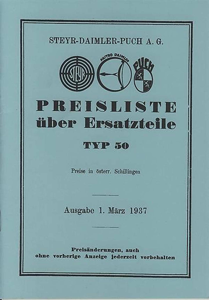 Steyr Typ 50 Preisliste über Ersatzteile, Buchcover