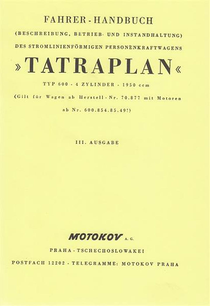 Tatra Motokov PKW "Tatraplan" Typ 600, Fahrer-Handbuch, Buchcover