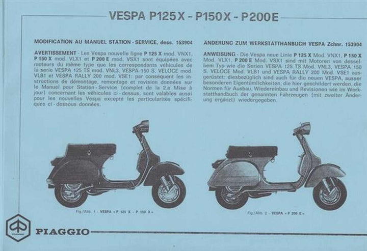 Piaggio Vespa P125X, P150X, P200E, Werkstatthandbuch (Ergänzung), Buchcover