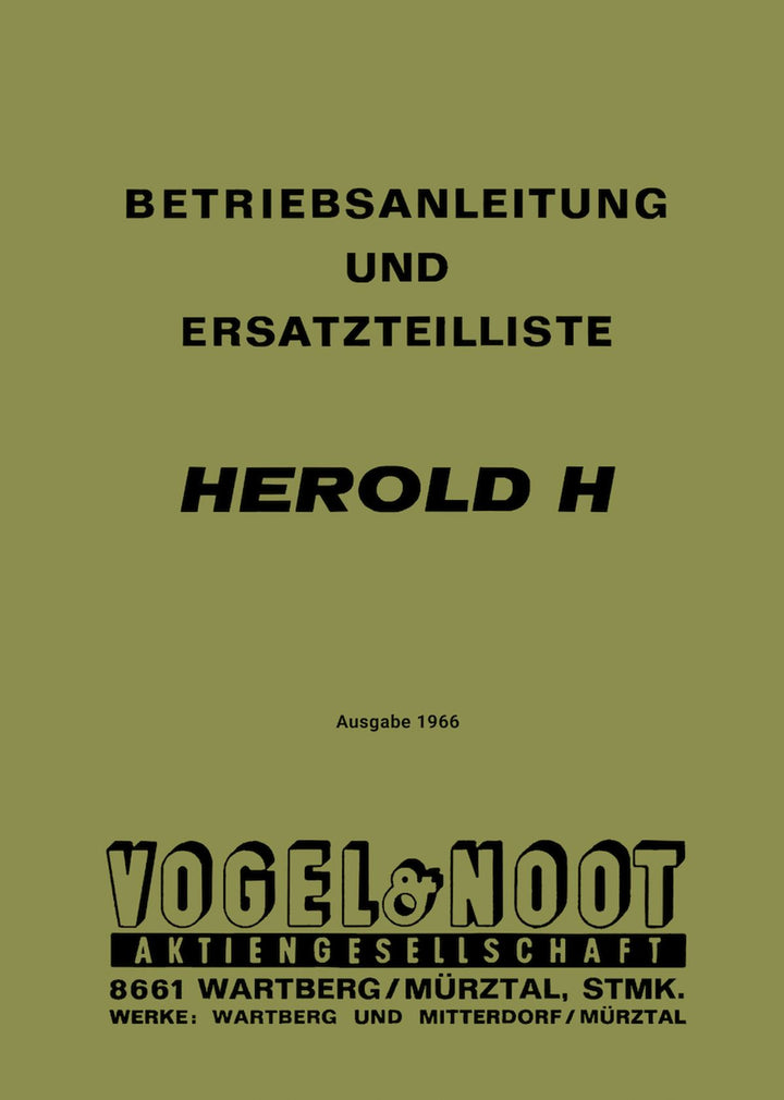 Vogel & Noot Herold H, Pflug für Leichttraktoren, Betriebsanleitung und Ersatzteilkatalog, Buchcover
