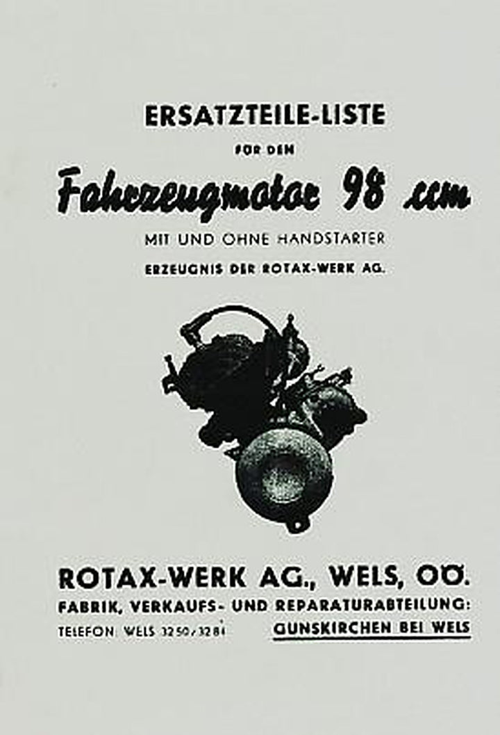 Rotax 98 Fahrzeugmotor mit und ohne Handstarter, Titelseite
