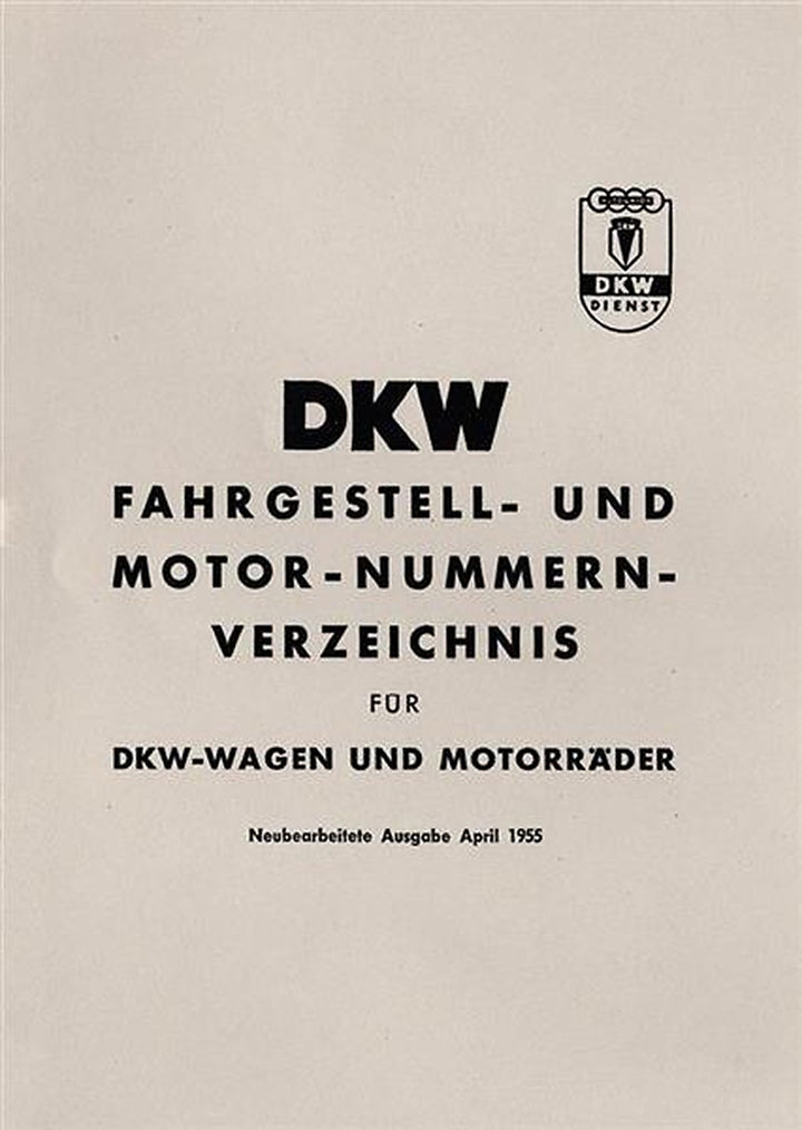 DKW - Wagen / Motorräder und Motoren / Fahrgestell- und Motornummern-Verzeichnis, Titelseite