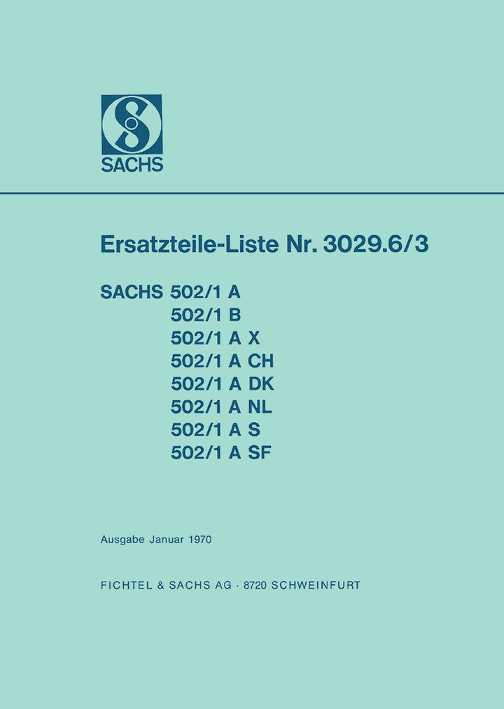 Sachs Motor 502/1 A, B,AX, ACH, A DK, A NL,A S, A SF Ersatzteilkatalog, Titelseite
