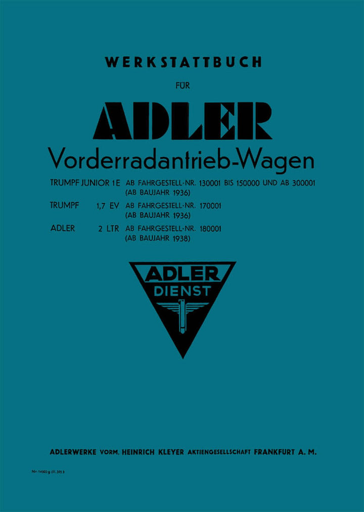 Adler Trumpf 1,7EV / Trumpf Junior 1E / Adler 2 ltr. Reparaturanleitung, Buchcover