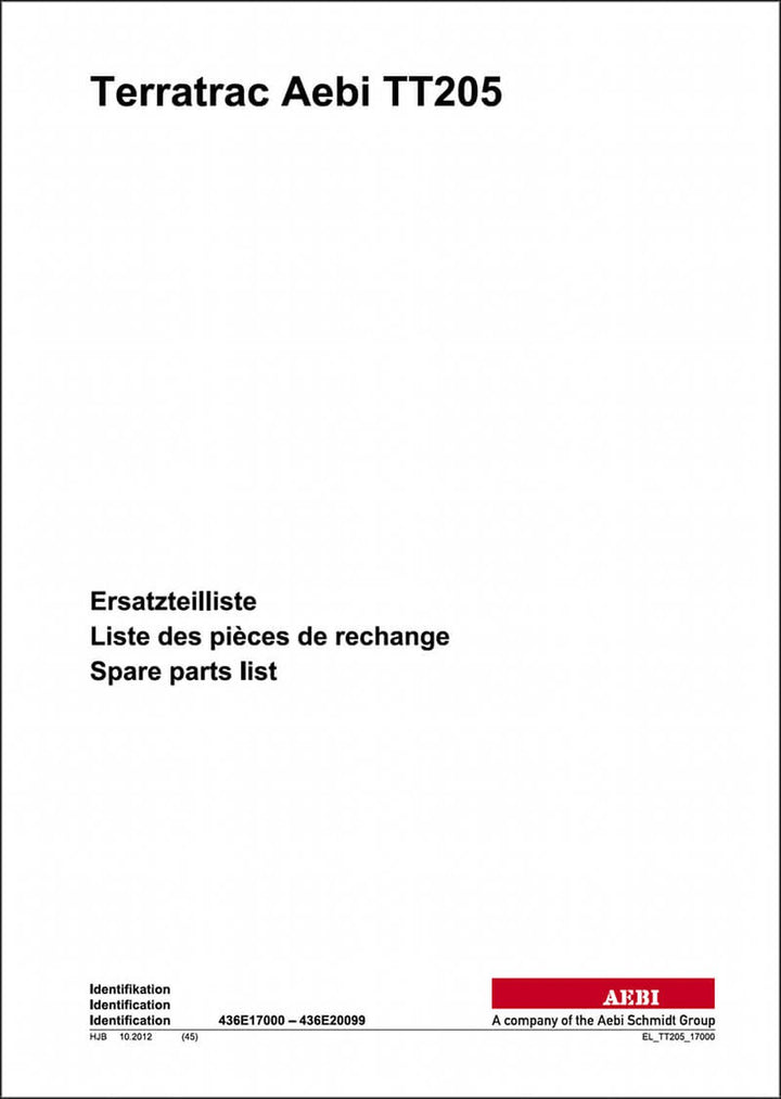 Aebi TT205 Terratrac Ersatzteilliste, Buchcover