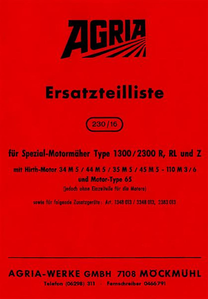 Agria 1300 und 2300 Ersatzteilliste, Buchcover