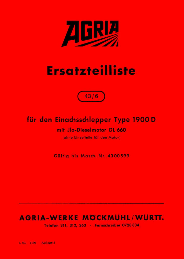 Agria 1900 D Ersatzteilliste, Buchcover