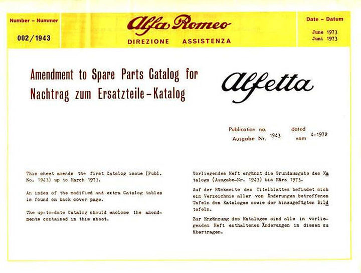 Alfa Romeo Alfetta – Nachtrag zum Ersatzteilkatalog, Buchcover